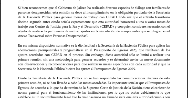 Posicionamiento aclaración ante postura sobre ajustes al presupuesto de desaparición